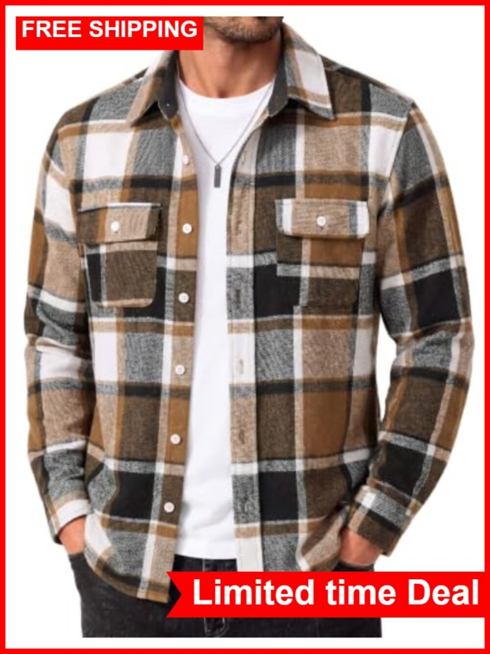 Men's Cotton Flannel Plaid Button Down Shirt with Pockets Long Sleeve Casual